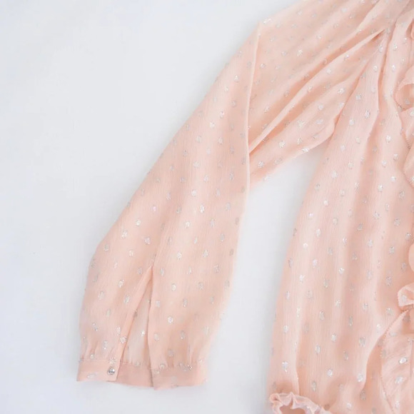 Rebecca Taylor Peach Silk Polka Dot Metallic Tie Neck Ruffle Long Sleeve Blouse2 - Picture 8 of 11